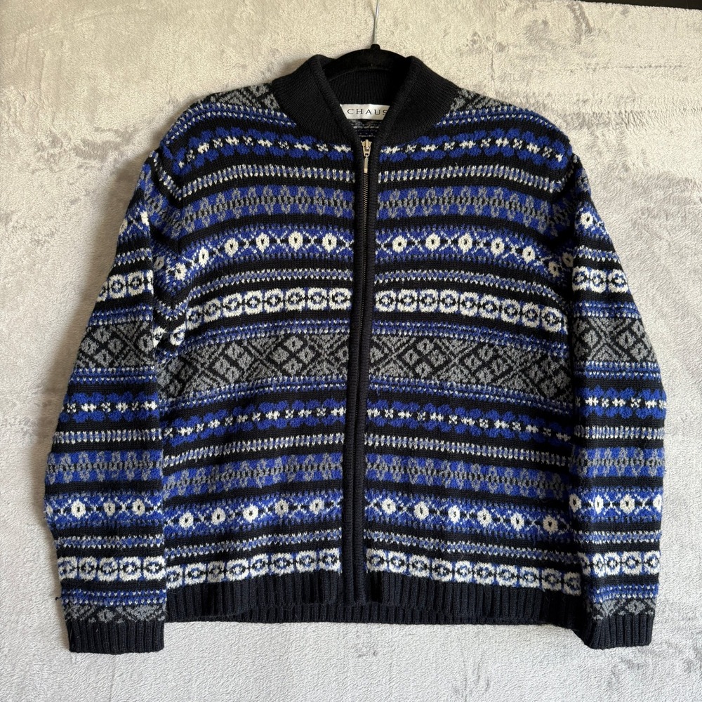 Chaus Vintage Fair Isle Full Zip Cardigan Sweater Blue Black Wool‎ Blend Large